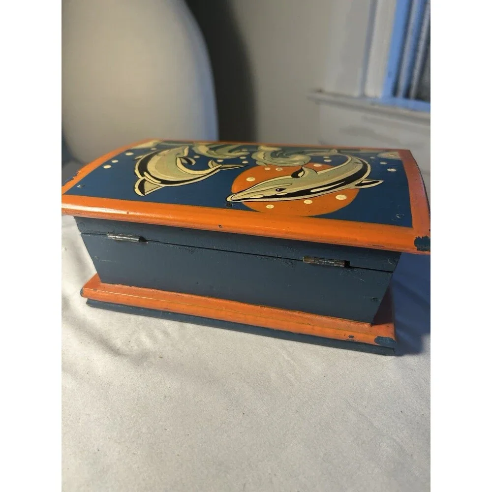 Dolphins Vintage 1970s Wooden Handpainted Jewelry Box Cottagecore Dolphin Sea